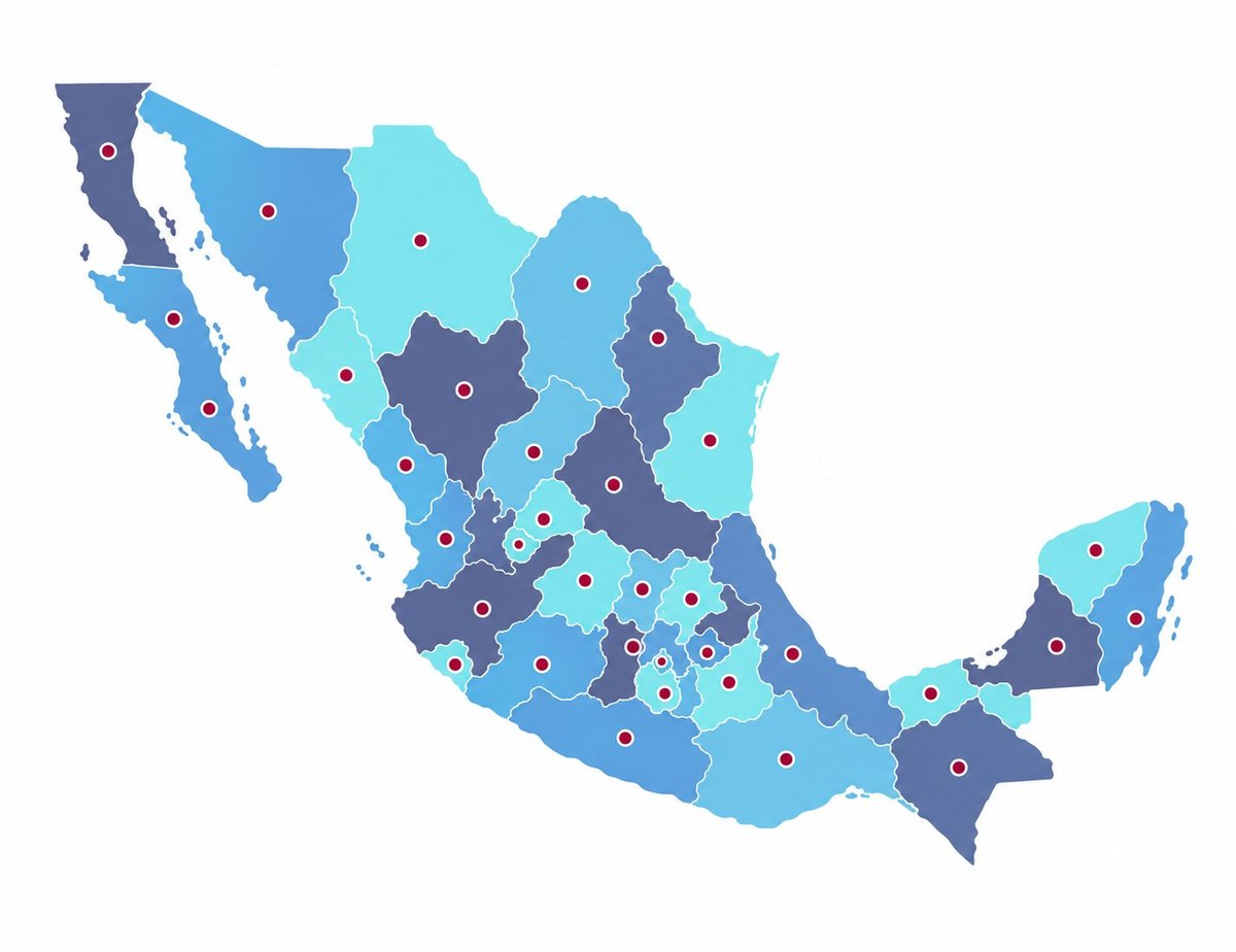 Mapa de la República Mexicana con los estados en distintos tonos de azul y un punto marcado en cada estado en el que MEI Lúdica ha impartido talleres