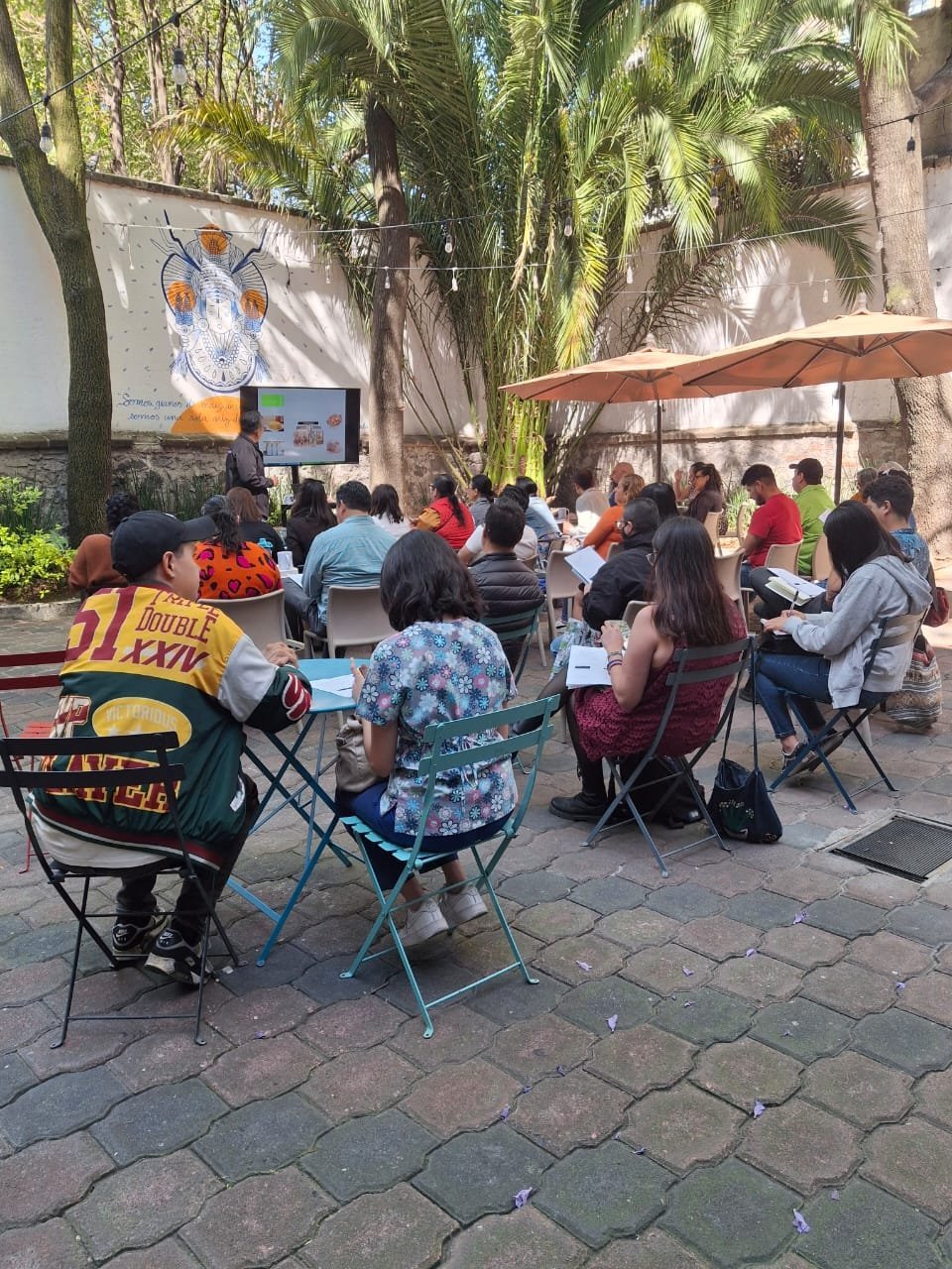 Grupo de personas sentadas en sillas plegables en un patio sombreado por palmeras, durante una presentación al aire libre.