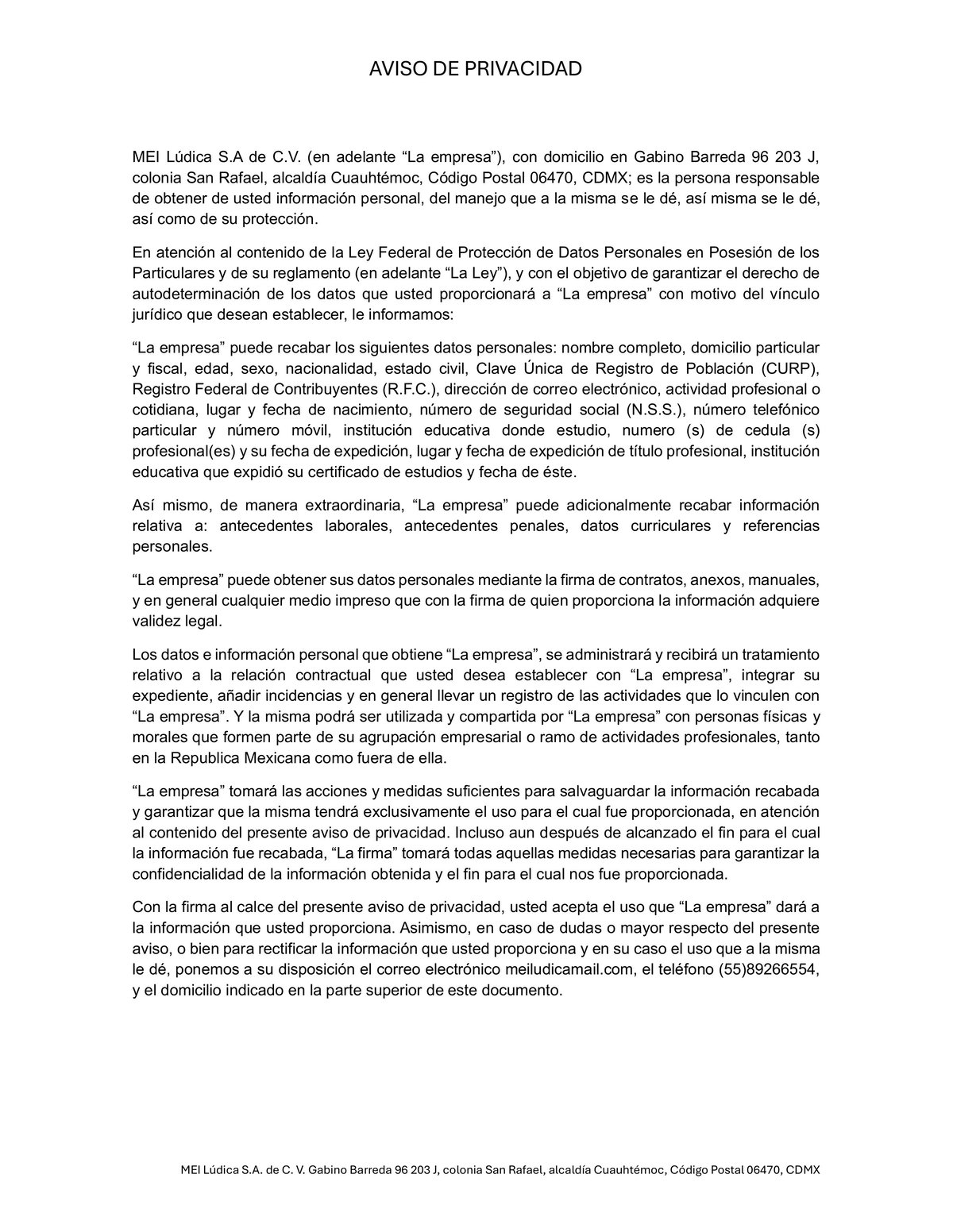 Aviso de privacidad de MEI Lúdica: documento con las políticas de protección de datos y manejo de información personal